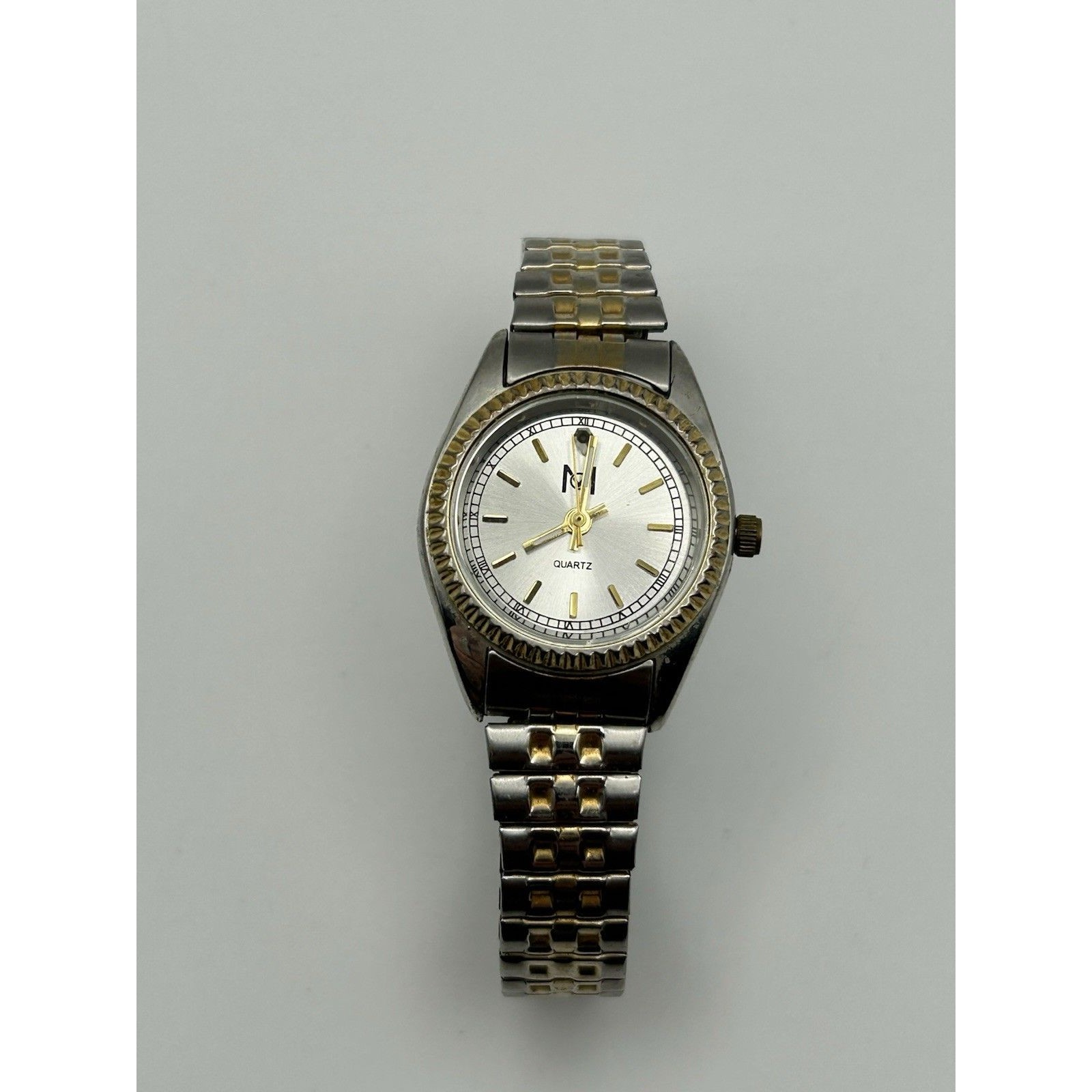 Mens Quartz Watch Two Tone Gold Silver Stretch Band Fluted Bezel